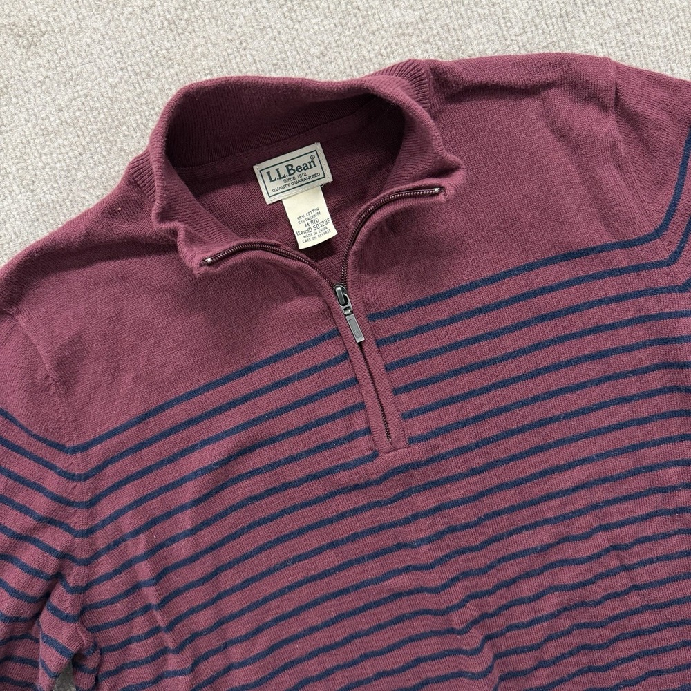 LL Bean 1/4 Zip Sweater Men's Medium Cotton Cashmere Maroon Blue Stripe Pullover